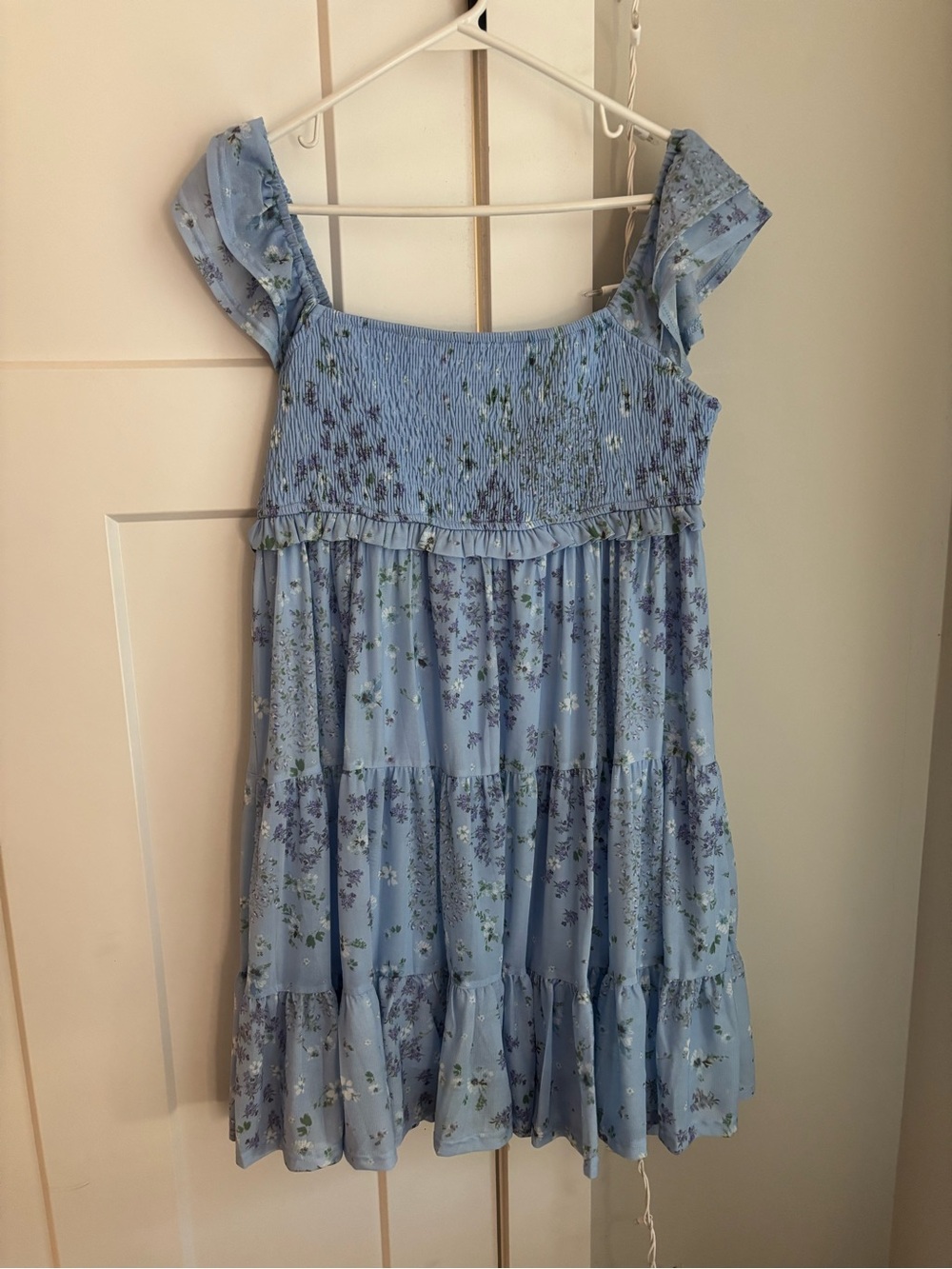 Altar'd State Light Blue Floral Smocked Tiered Mini Dress